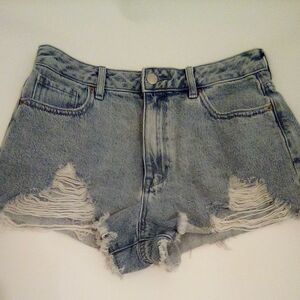 PacSun High Rise Festival Blue Jean Shorts With Distressed Rips and Frayed Hem